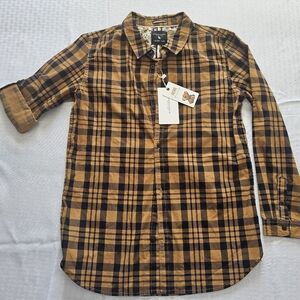 Denim & Flower Plaid Button Down Boys Size 13/14 Mustard Black Long Sleeve Shirt